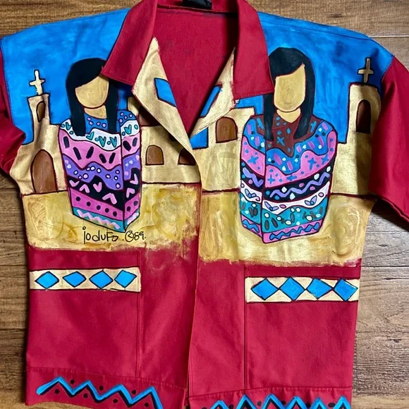 Jo Dufo ~1989 ~Hand-Painted Red/Multi-Colors Native American Indian Large Jacket